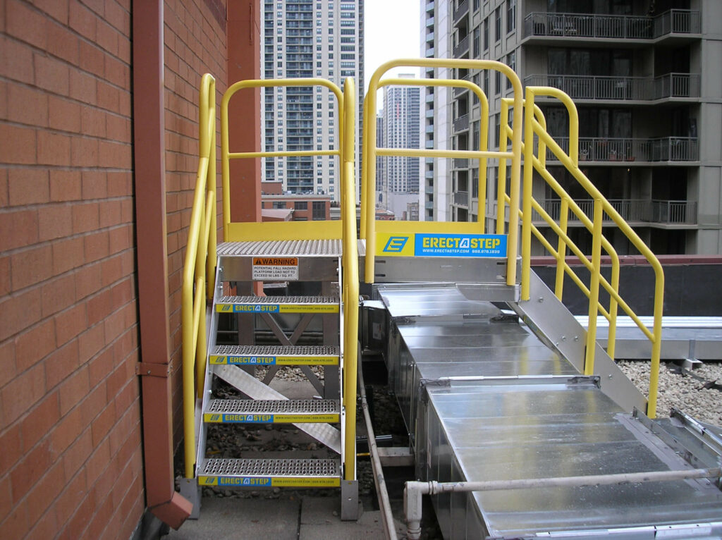 Erectastep rooftop industrial stairs for maintenance over ductwork