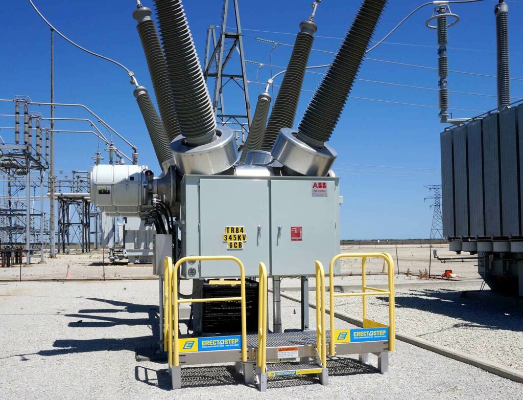 Metal stair and aluminum metal work maintenance stand platform in a substation