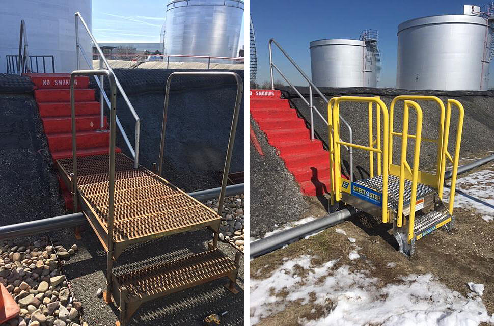 Anti Slip Stair Treads on a Metal Stair Crossover for tank farms