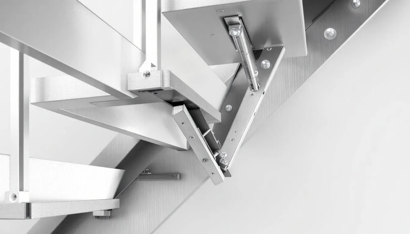 A close-up view reveals a hidden steel stringer system that supports the floating stairs, showcasing the intricate engineering behind cantilevered stair construction. The minimalist design highlights the sleek materials, including reinforced concrete and wood, contributing to an airy feel and elegant appearance in the staircase's overall architecture.
