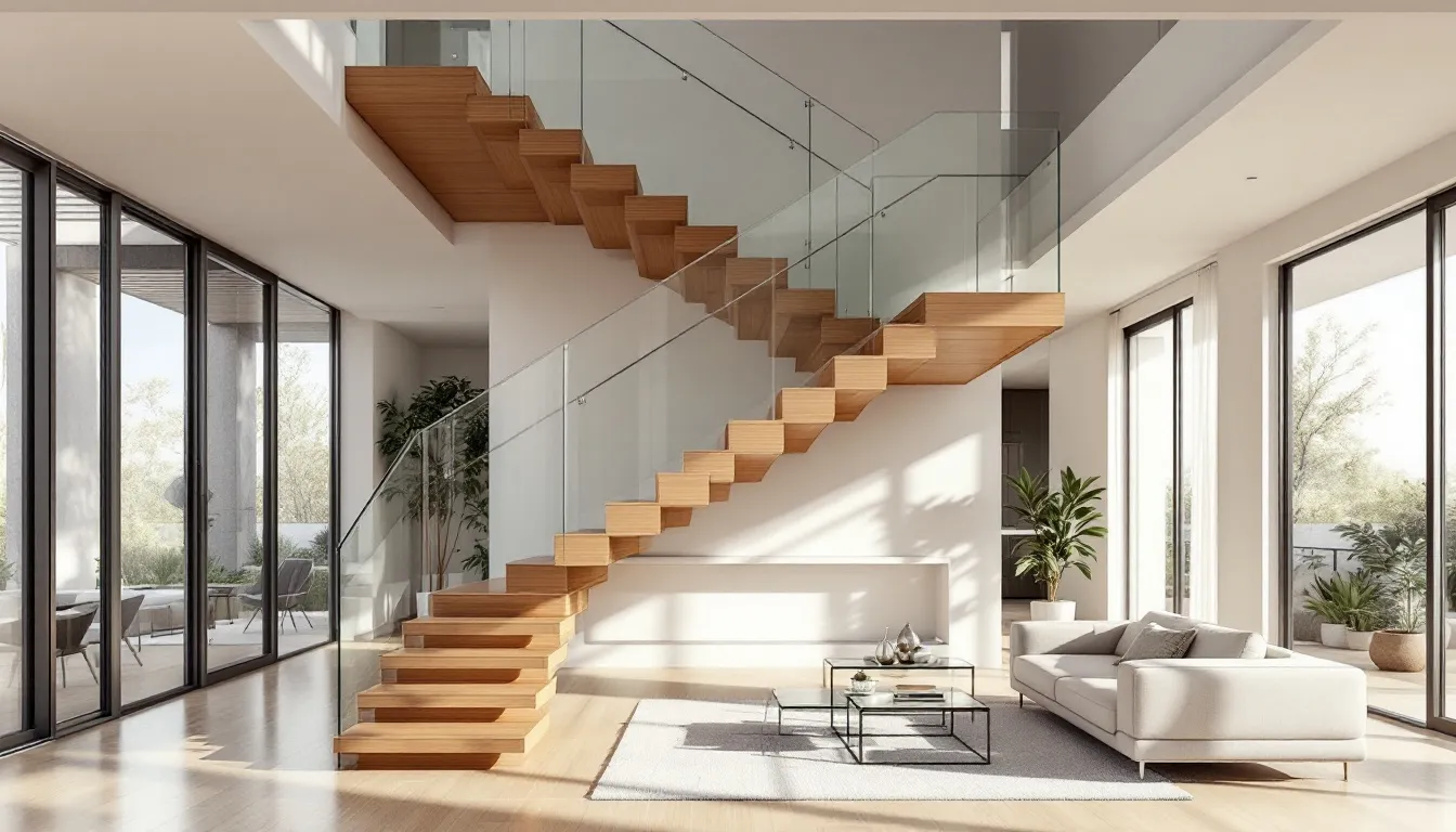 In a modern living room, elegant floating stairs with glass railings create a striking focal point, enhancing the airy feel of the space. The cantilevered staircase, crafted from different materials, adds a touch of sophistication and seamlessly integrates with the minimalist style of the architecture.