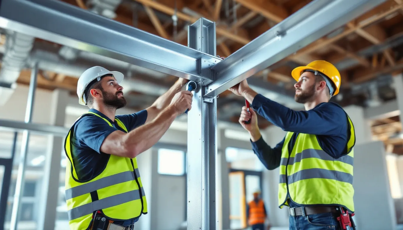 A professional installation team is carefully positioning a steel framework for the construction of cantilevered stairs, showcasing a modern, minimalist style. The framework is designed to create an airy feel, with floating steps that will be anchored to a supporting wall, adding elegance to the overall architectural design.