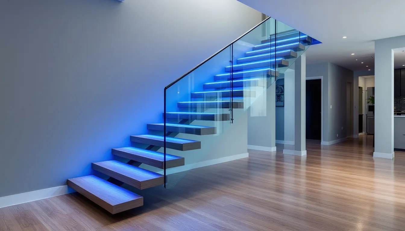 In a modern open-plan home interior, floating stairs with integrated LED lighting and a sleek glass railing create a stunning focal point, enhancing the airy feel of the space. The cantilevered staircase, crafted from different materials, adds elegance and a minimalist style to the contemporary architecture.